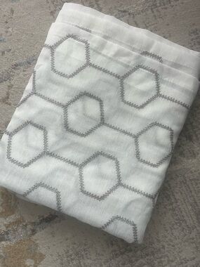 White Sheer Curtain Panel with Silver Hexagon Embroidery